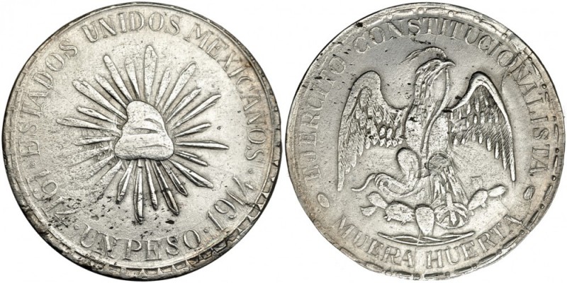 MÉXICO. Peso. 1914. Durango. MUERA HUERTA. Canto liso. KM-621. Defectos de acuña...