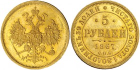 RUSIA. Alejandro II. 5 rublos. 1867. St. Petersburgo. HI. Y-B26. EBC+/SC.