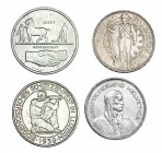 SUIZA. Lote de 4 monedas de 5 francos: 1934, Friburgo, KM-S18; 1939, Lucerna, KM-S20; 1939, Zürich, KM-43; 1952, B, KM-40. MBC+/EBC-.