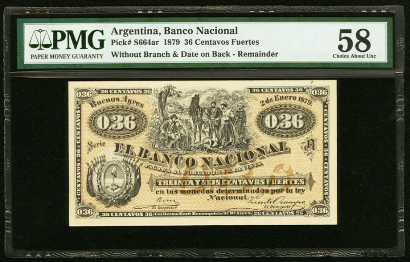 Argentina Banco Nacional 36 Centavos Fuertes 1879 Pick S664ar Remainder PMG Choi...