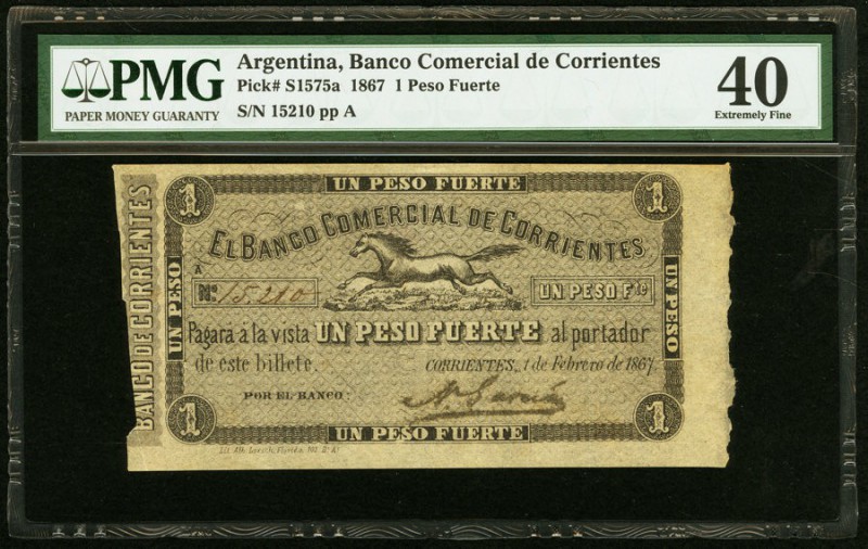Argentina Banco Comercial de Corrientes 1 Peso Fuerte 1.2.1867 Pick S1575a PMG E...