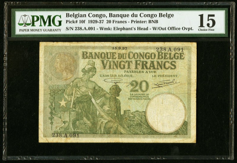 Belgian Congo Banque du Congo Belge 20 Francs 15.9.1937 Pick 10f PMG Choice Fine...