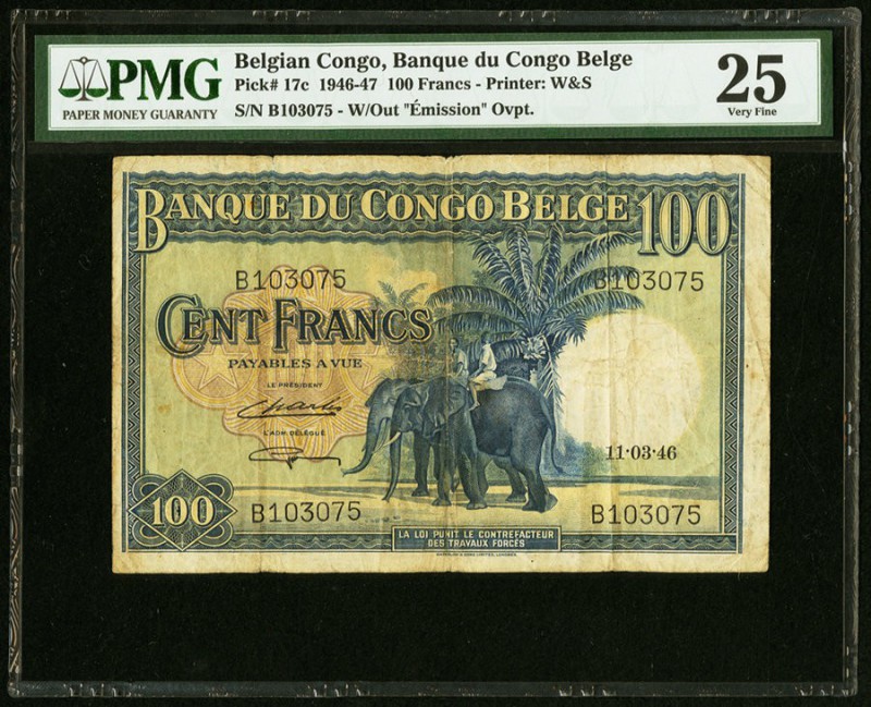 Belgian Congo Banque du Congo Belge 100 Francs 11.03.1946 Pick 17c PMG Very Fine...