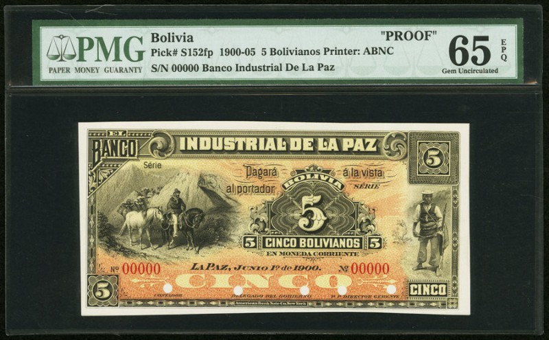 Bolivia Banco Industrial de La Paz 5 Bolivianos 1.6.1900 Pick S152fp Proof PMG G...
