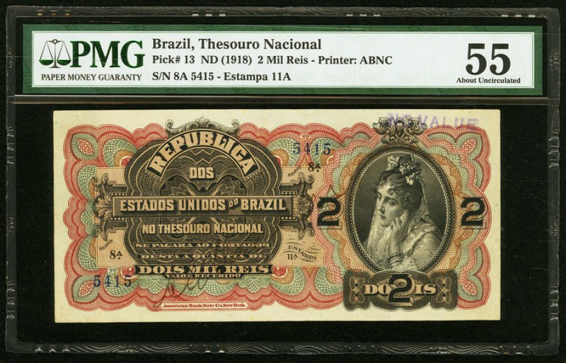 Brazil Tesouro Nacional 2 Mil Reis ND (1918) Pick 13 PMG About Uncirculated 55. ...