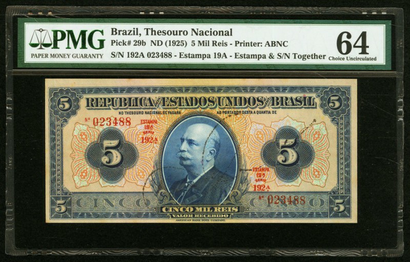Brazil Thesouro Nacional 5 Mil Reis ND (1925) Pick 29b PMG Choice Uncirculated 6...