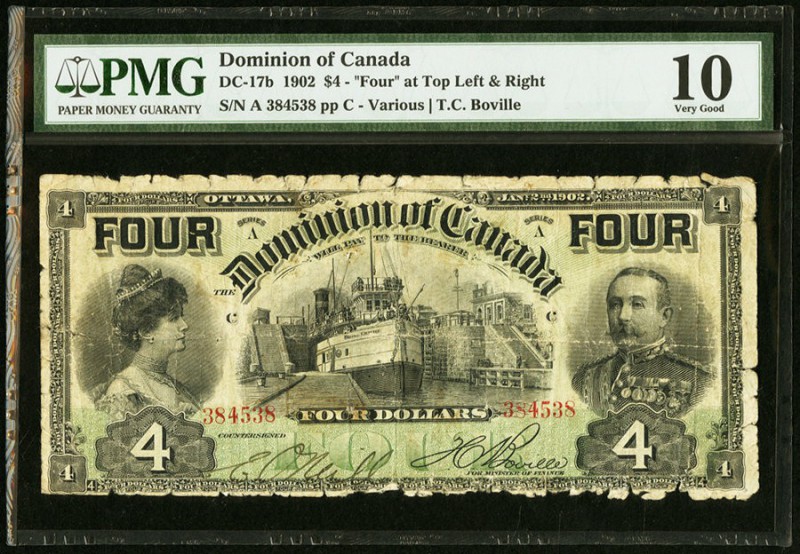 Canada Dominion of Canada 4 Dollars 2.1.1902 DC-17b PMG Very Good 10. Edge damag...