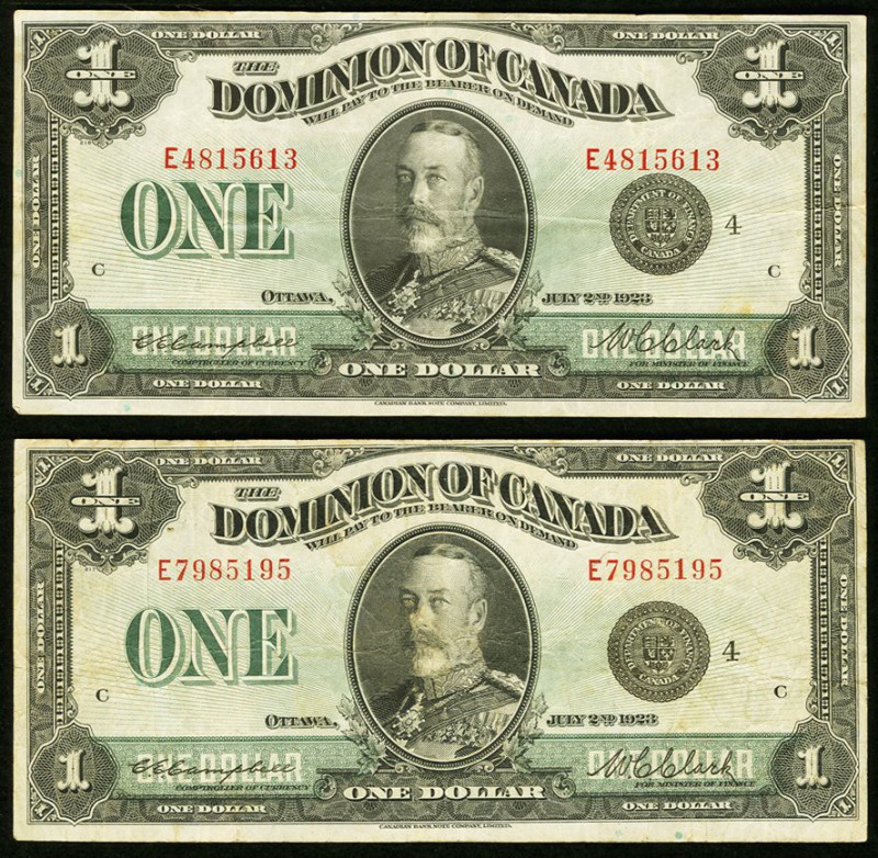 Canada Dominion of Canada $1 2.7.1923 DC-29a 2 Examples Very Fine or better. 

H...