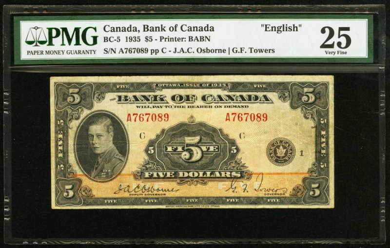 Canada Bank of Canada 5 Dollars 1935 BC-5 PMG Very Fine 25. Pinholes.

HID098012...
