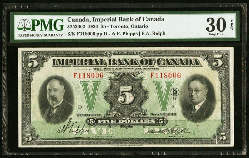 Canada Imperial Bank of Canada 5 Dollars 11.1.1933 Ch. # 375-20-02 PMG Very Fine...