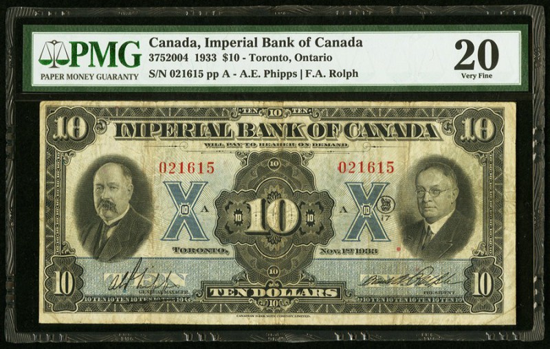 Canada Imperial Bank of Canada 10 Dollars 1.11.1933 Ch. # 375-20-04 PMG Very Fin...
