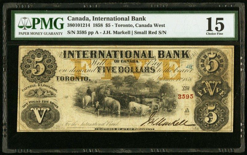 Canada International Bank of Canada $5 15.9.1858 Ch. # 380-10-12-14 PMG Choice F...
