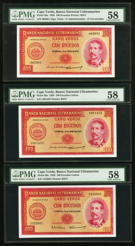 Cape Verde Banco Nacional Ultramarino 100 Escudos 16.6.1958 Pick 49a Three Examp...