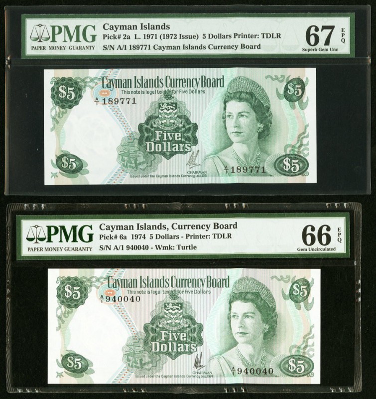 Cayman Islands Currency Board 5 Dollars 1971; 1974 Pick 2a; 6a Two Examples PMG ...