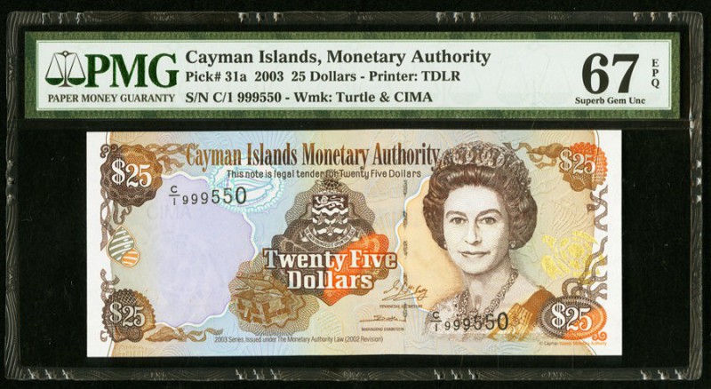 Cayman Islands Monetary Authority 25 Dollars 2003 Pick 31a PMG Superb Gem Unc 67...