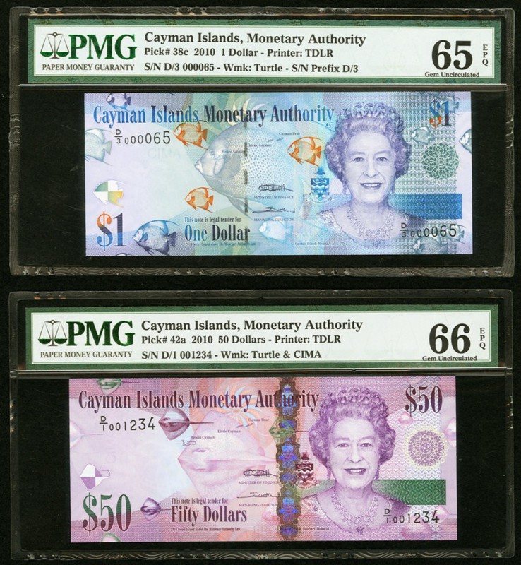 Cayman Islands Monetary Authority $1; $50 2010 Pick 38c; 42a Two Fancy Serial Nu...