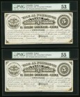 Colombia Banco de Cauca 5 Pesos 15.4.1882 Pick S142b Two Examples PMG About Uncirculated 53; About Uncirculated 55. Hand signed; light discoloration.
...