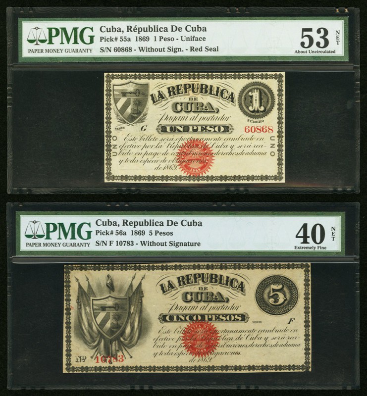 Cuba Republica de Cuba 1; 5 Pesos 1869 Pick 55a; 56a Two Examples PMG About Unci...