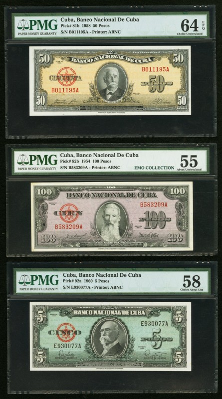 Cuba Banco Nacional de Cuba 5; 50; 100 Pesos 1954-1960 Pick 81b; 82b; 92a PMG Ab...