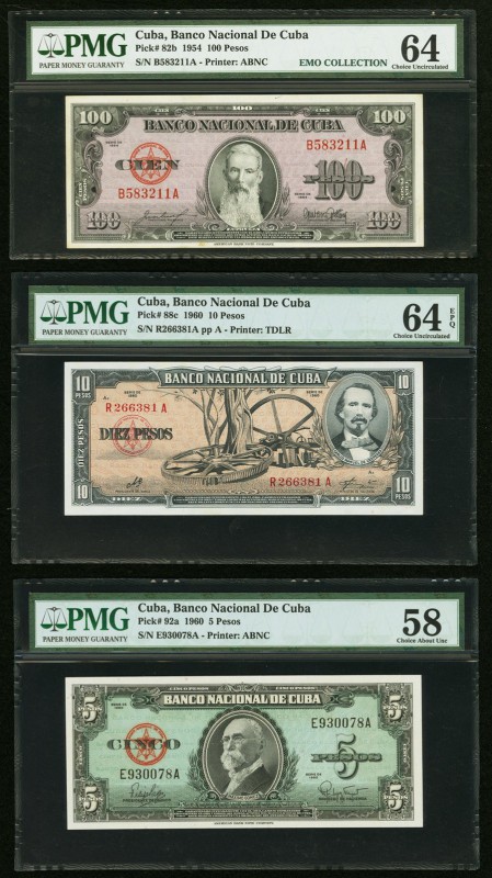 Cuba Banco Nacional de Cuba 5; 10; 100 Pesos 1954-1960 Pick 82b, 88c; 92a PMG Ch...