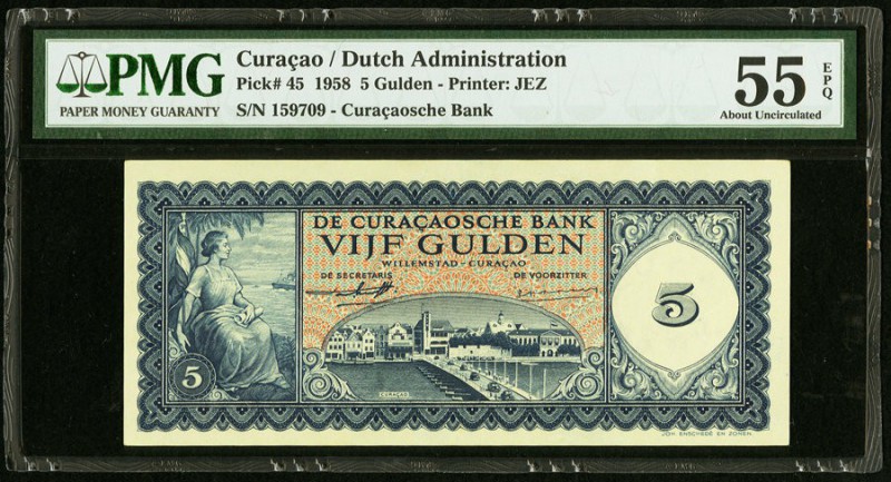 Curacao De Curacaosche Bank 5 Gulden 1958 Pick 45 PMG About Uncirculated 55 EPQ....