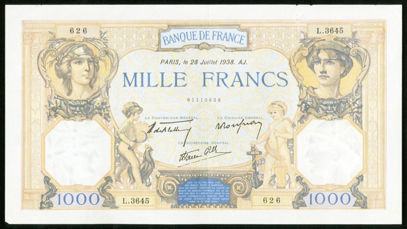 France Banque de France 1000 Francs 28.7.1938 Pick 90c Very Fine. Tear present o...