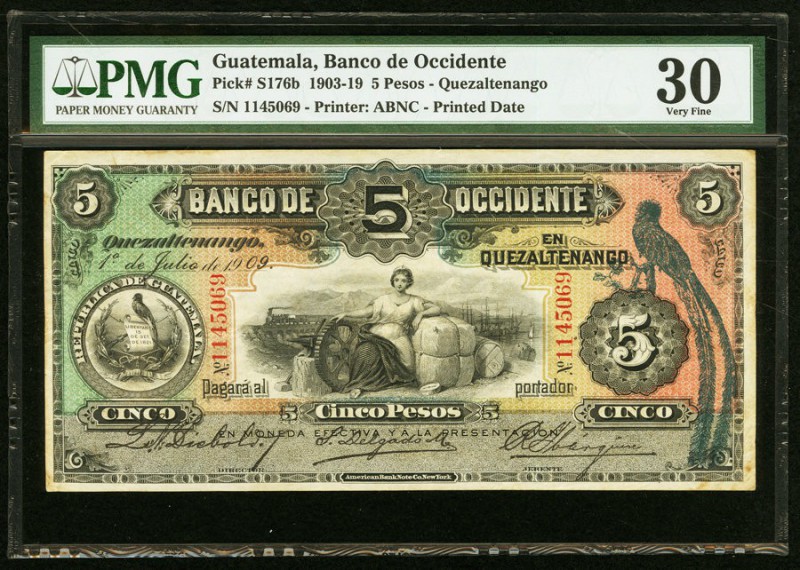 Guatemala Banco de Occidente 5 Pesos 1.7.1909 Pick S176b PMG Very Fine 30. 

HID...