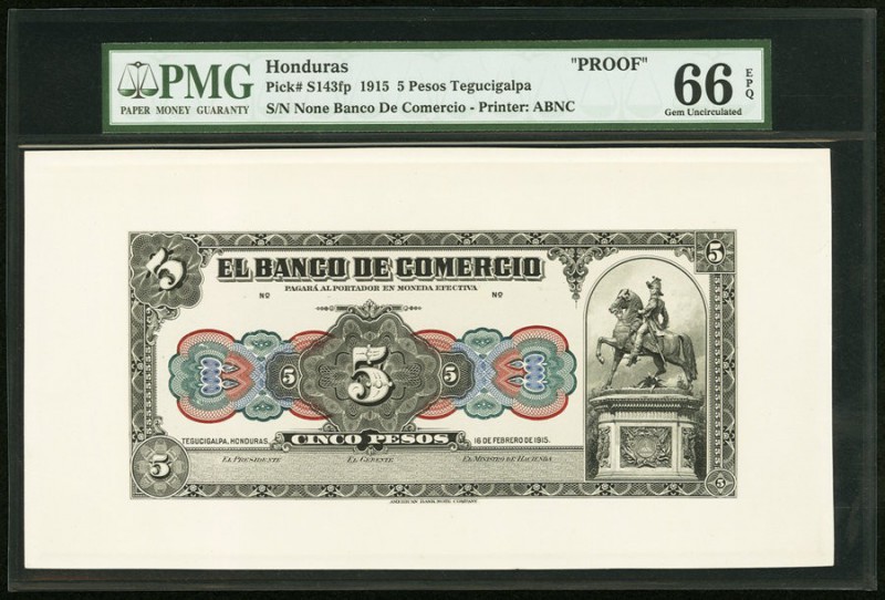 Honduras Banco de Comercio 5 Pesos 16.2.1915 Pick S143fp Front Proof PMG Gem Unc...