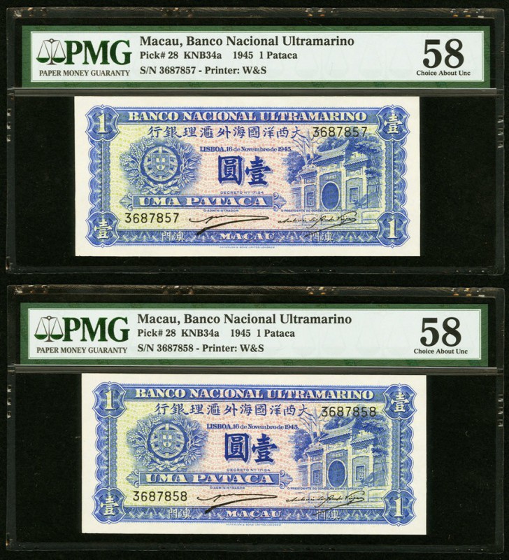 Macau Banco Nacional Ultramarino 1 Pataca 16.11.1945 Pick 28 Two Consecutive Exa...