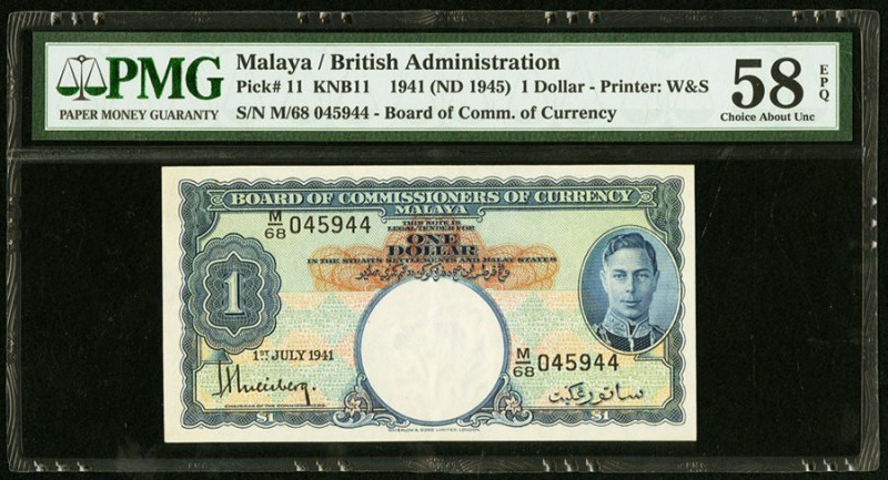 Malaya Board of Commissioners of Currency 1 Dollar 1.7.1941 Pick 11 PMG Choice A...