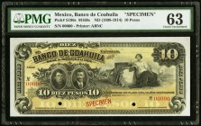 Mexico Banco de Coahuila 10 Pesos ND (1898-1914) Pick S196s; M168s Specimen PMG Choice Uncirculated 63. Two POCs; pinholes.

HID09801242017