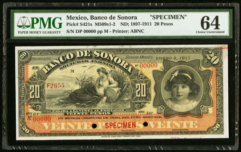 Mexico Banco de Sonora 20 Pesos 2.1.1911 Pick S421s; M509s1-2 Specimen PMG Choic...