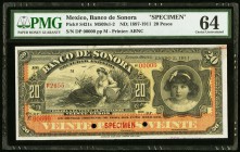 Mexico Banco de Sonora 20 Pesos 2.1.1911 Pick S421s; M509s1-2 Specimen PMG Choice Uncirculated 64. Two POCs; minor foreign substance.

HID09801242017