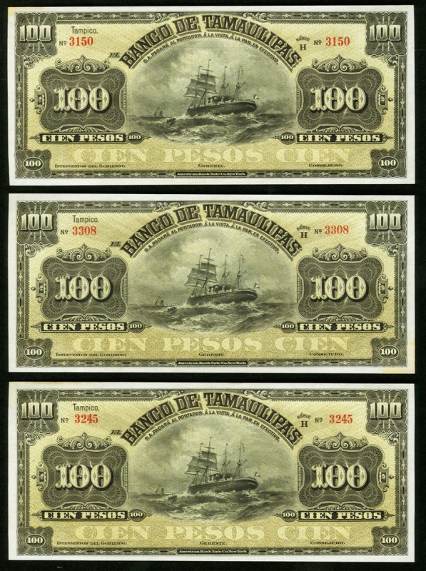 Mexico Banco de Tamaulipas 100 Pesos ND (1902-14) Pick S433r2, Three Remainders ...