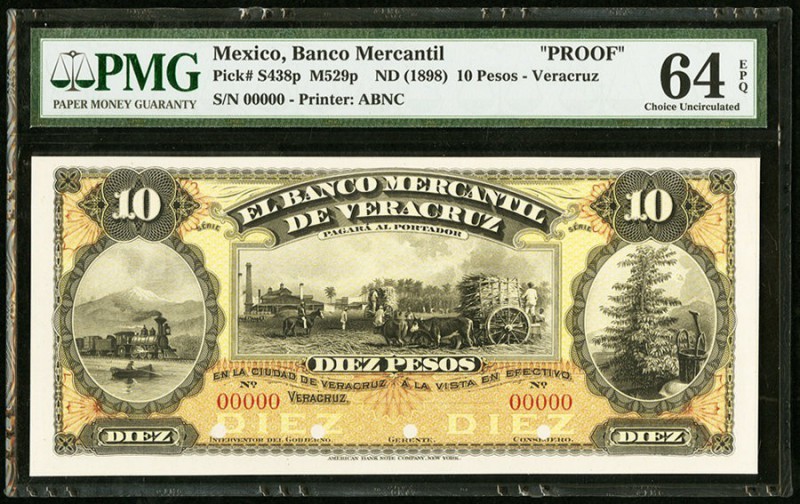 Mexico Banco Mercantil De Veracruz 10 Pesos ND (1898) Pick S438p; M438p Proof PM...