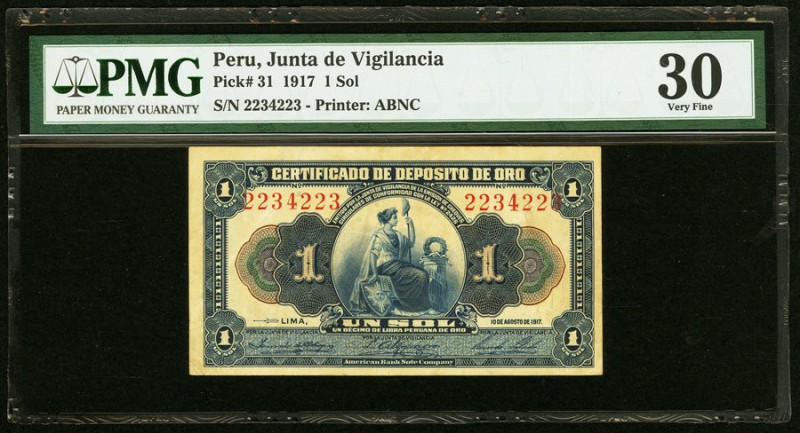 Peru Certificado de Deposito 1 Sol 10.8.1917 Pick 31 PMG Very Fine 30. 

HID0980...
