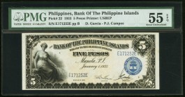 Philippines Bank of the Philippine Islands 5 Pesos 1933 Pick 22 PMG About Uncirculated 55 EPQ. 

HID09801242017