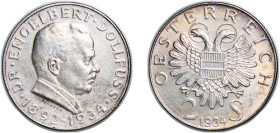 Austria Federal State 1934 2 Schillings (Death of Engelbert Dollfuss) Silver (.640) Vienna Mint (1500000) 11.97g AU KM 2852 Schön 59