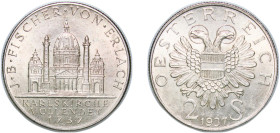 Austria Federal State 1937 2 Schillings (St. Karl Church) Silver (.640) Vienna Mint (500000) 12.07g UNC KM 2859 Schön 62