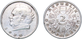 Austria First Republic 1928 2 Schillings (Franz Schubert) Silver (.640) Vienna Mint (6900000) 12g XF KM 2843 Schön 47