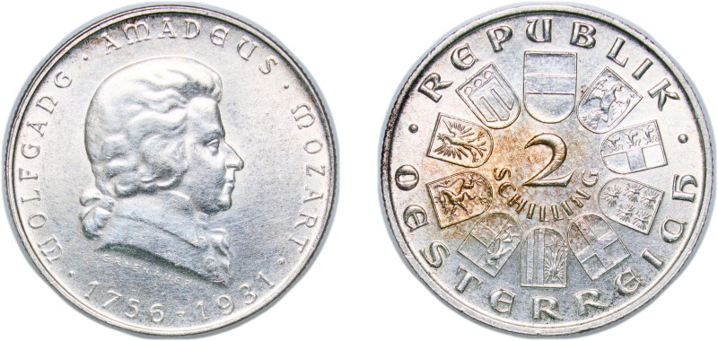 Austria First Republic 1931 2 Schillings (Wolfgang Amadeus Mozart) Silver (.640)...