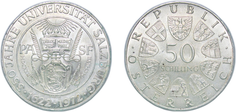 Austria Second Republic 1972 50 Schilling (Salzburg University) Silver (.900) Vi...