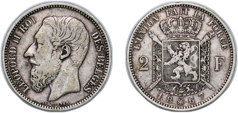 Belgium Kingdom 1867 2 Francs - Léopold II (French text) Silver (.835) Brussels ...