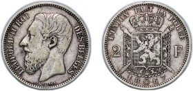 Belgium Kingdom 1867 2 Francs - Léopold II (French text) Silver (.835) Brussels Mint 9.86g XF KM 30