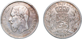 Belgium Kingdom 1869 5 Francs - Léopold II (small head) Silver (.900) Brussels Mint (12657542) 24.85g XF KM 24 LA BFM-127