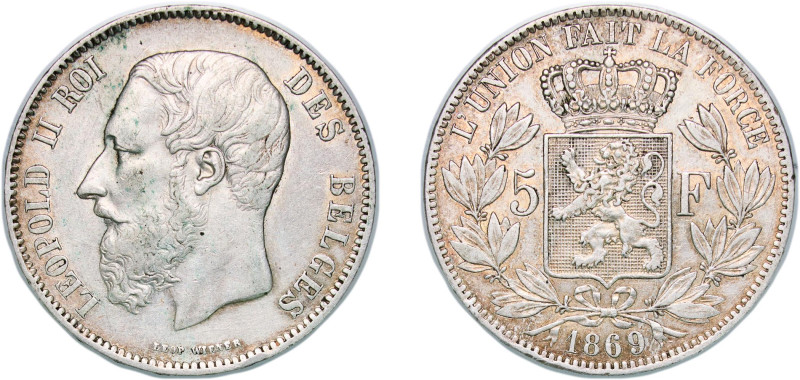 Belgium Kingdom 1869 5 Francs - Léopold II (small head) Silver (.900) Brussels M...