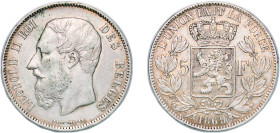 Belgium Kingdom 1869 5 Francs - Léopold II (small head) Silver (.900) Brussels Mint (12657542) 24.97g XF KM 24 LA BFM-127