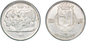 Belgium Kingdom 1950 100 Francs (Kings; French text) Silver (.835) Brussels Mint (2807000) 17.99g AU KM 138 LA BFM-198 Schön 109