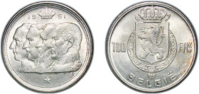 Belgium Kingdom 1951 100 Francs (Kings; Dutch text) Silver (.835) Brussels Mint (4691000) 18.05g UNC KM 139 LA BFM-199 Schön 102