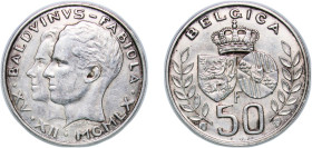 Belgium Kingdom 1960 50 Francs (King Baudouin's Marriage) Silver (.835) Brussels Mint (500000) 12.26g AU LA BFM-189 Schön 122